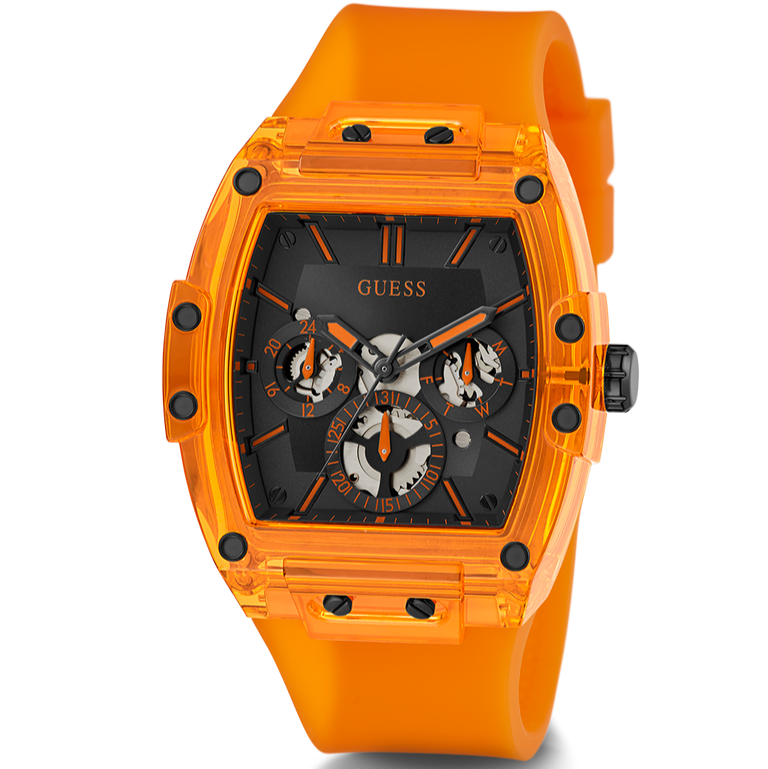 Guess Phoenix Multifunction Black Dial Orange Rubber Strap Watch For Men - GW0203G10 Buy Now By Guess