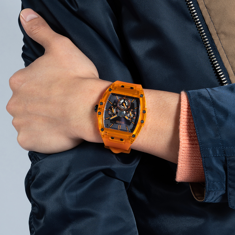 Guess Phoenix Multifunction Black Dial Orange Rubber Strap Watch For Men - GW0203G10 Buy Now By Guess