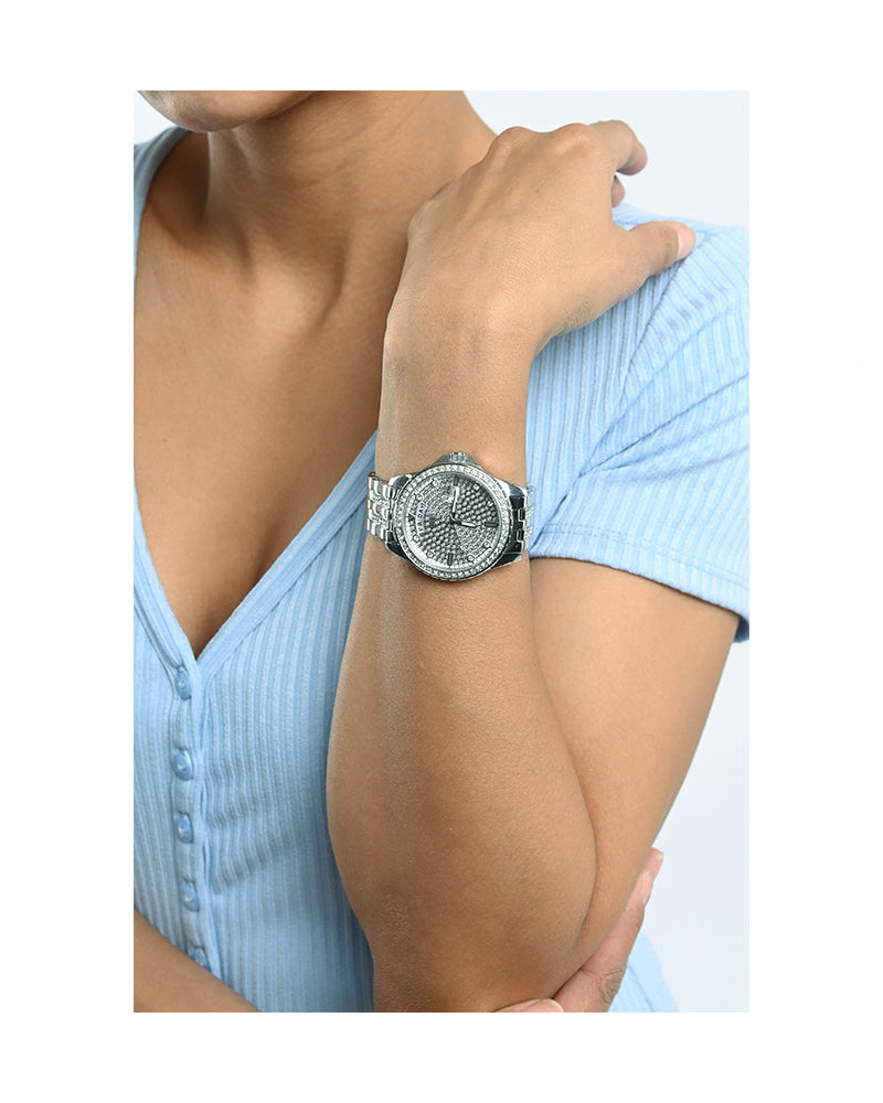 Guess Frontier Diamonds Silver Dial Silver Steel Strap Watch For Women - W1156L1 Buy Now By Guess