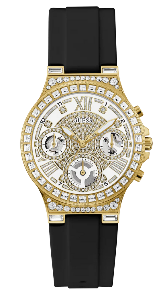 Guess Moonlight Crystals Silver Dial Black Silicone Strap Watch For Women - GW0257L1 Buy Now By Guess
