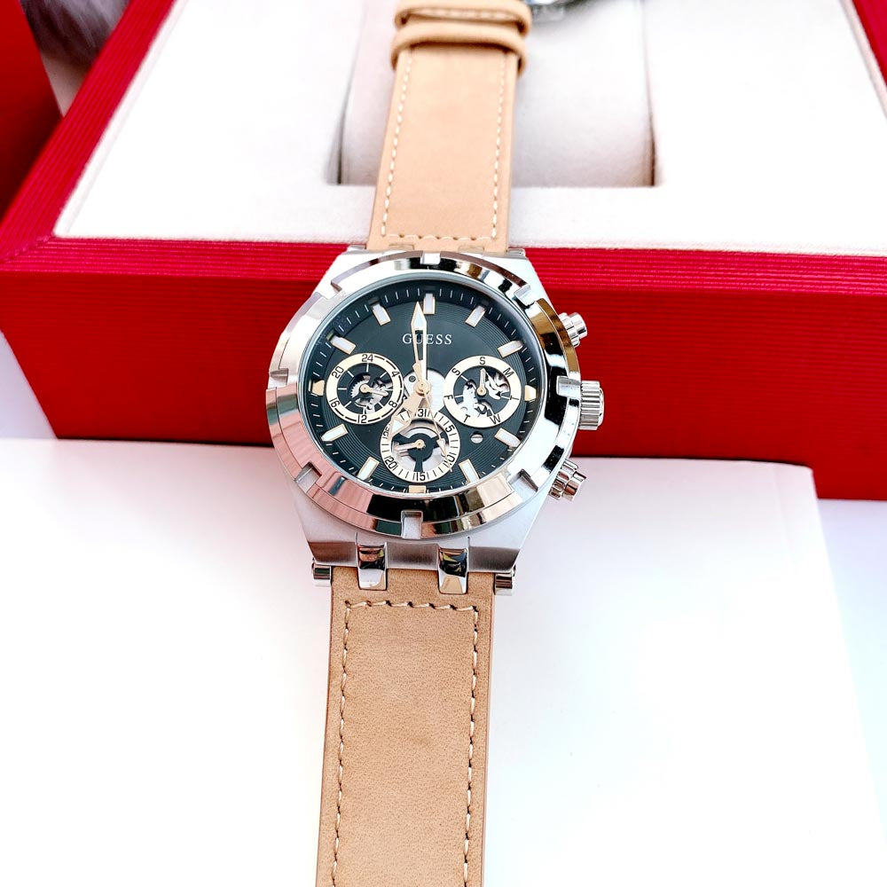 Guess Continental Multifunction Black Dial Brown Leather Strap Watch for Men - GW0262G1 Buy Now By Guess