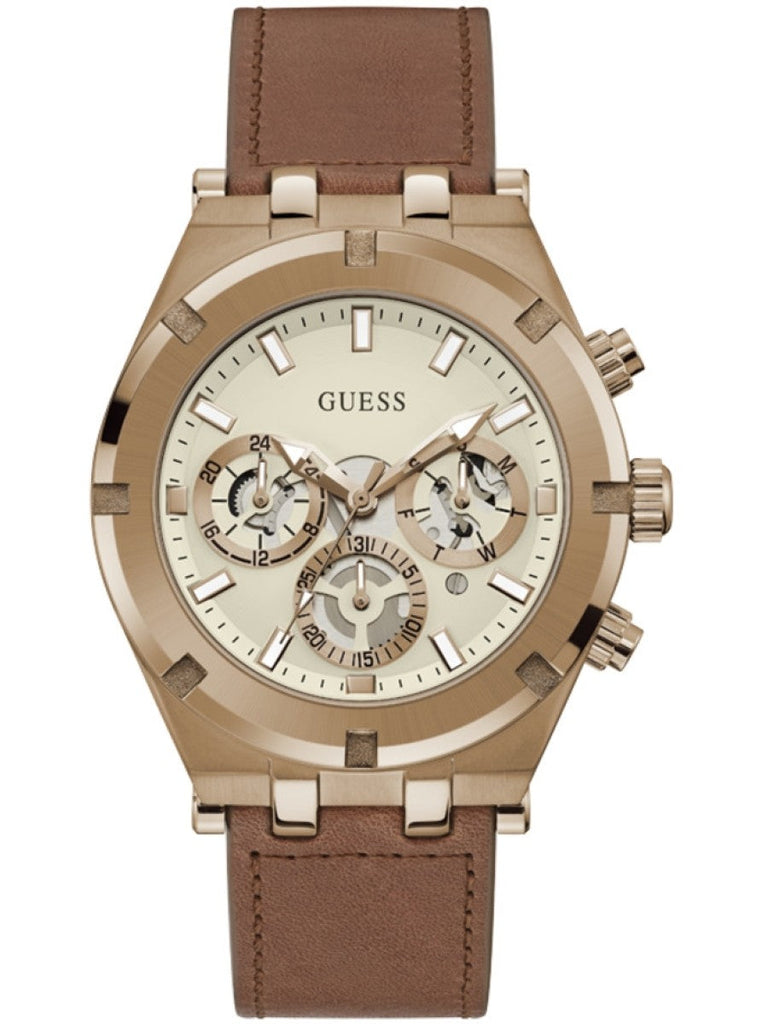 Guess Analog Multifunction White Dial Brown Leather Strap Watch for Men - GW0262G3 Buy Now By Guess