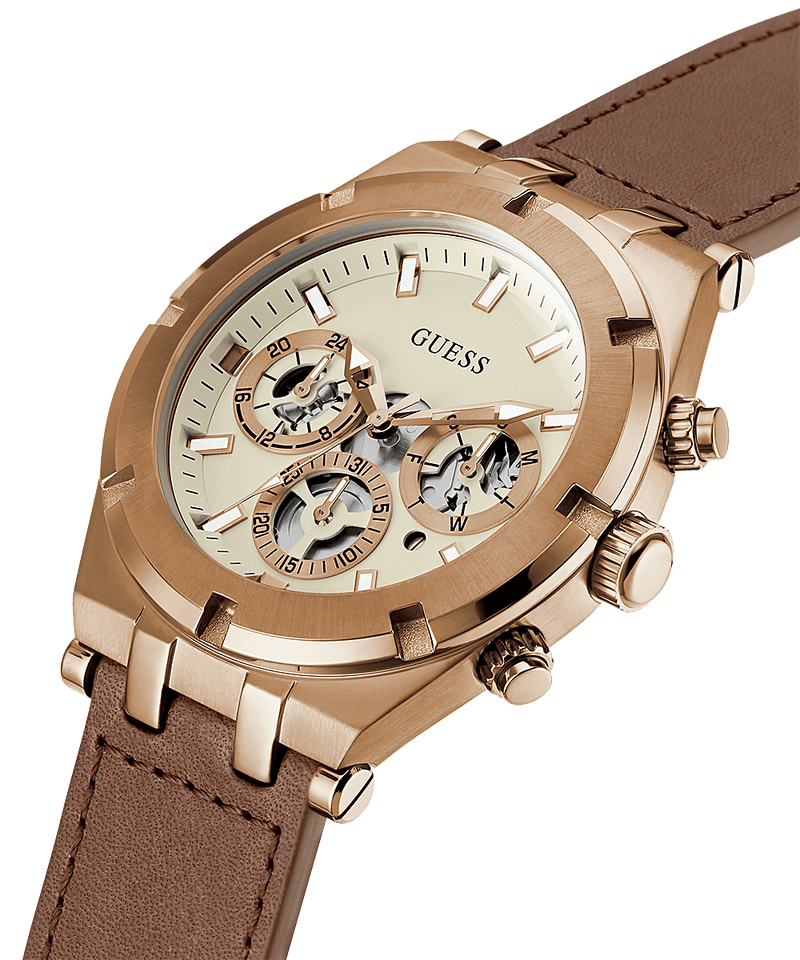Guess Analog Multifunction White Dial Brown Leather Strap Watch for Men - GW0262G3 Buy Now By Guess