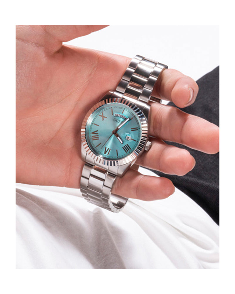 Guess Connoisseur Turquoise Dial Silver Steel Strap Watch for Men - GW0265G11 Buy Now By Guess