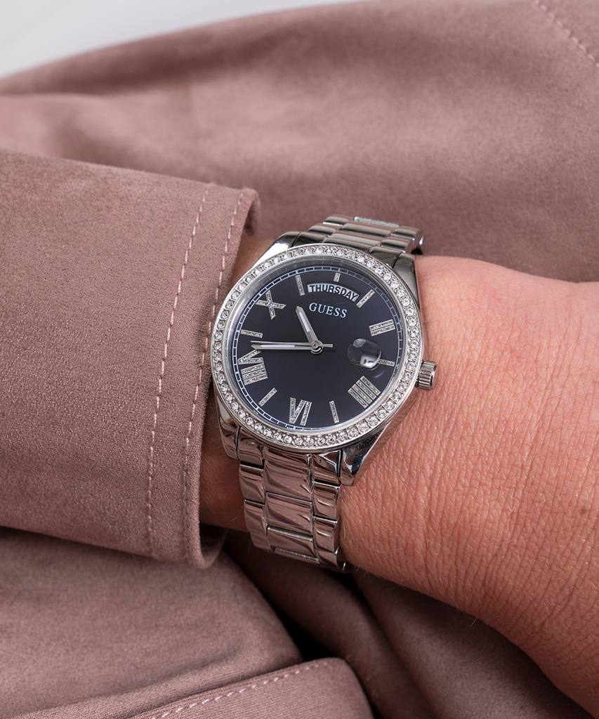 Guess Luna Diamonds Blue Dial Silver Steel Strap Watch for Women - GW0307L1 Buy Now By Guess