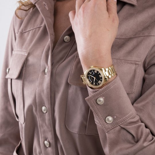 Guess Luna Diamonds Black Dial Gold Steel Strap Watch for Women - GW0307L2 Buy Now By Guess