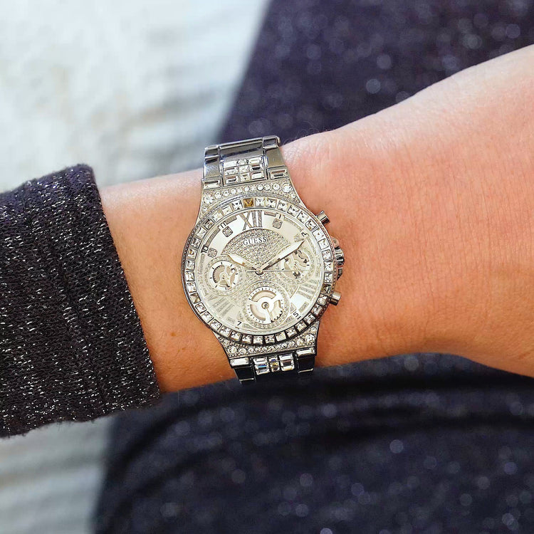 Guess Moonlight Multi Function Diamonds Silver Dial Silver Steel Strap Watch for Women - GW0320L1 Buy Now By Guess