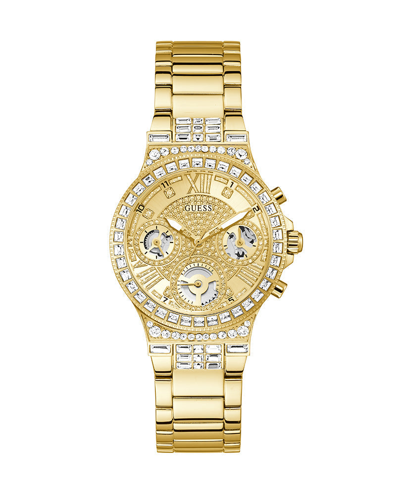 Guess Moonlight Multi Function Diamonds Gold Dial Gold Steel Strap Watch for Women - GW0320L2 Buy Now By Guess