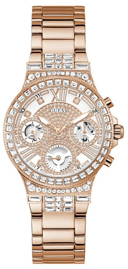 Guess Moonlight Multi Function Diamonds White Dial Rose Gold Steel Strap Watch for Women - GW0320L3 Buy Now By Guess