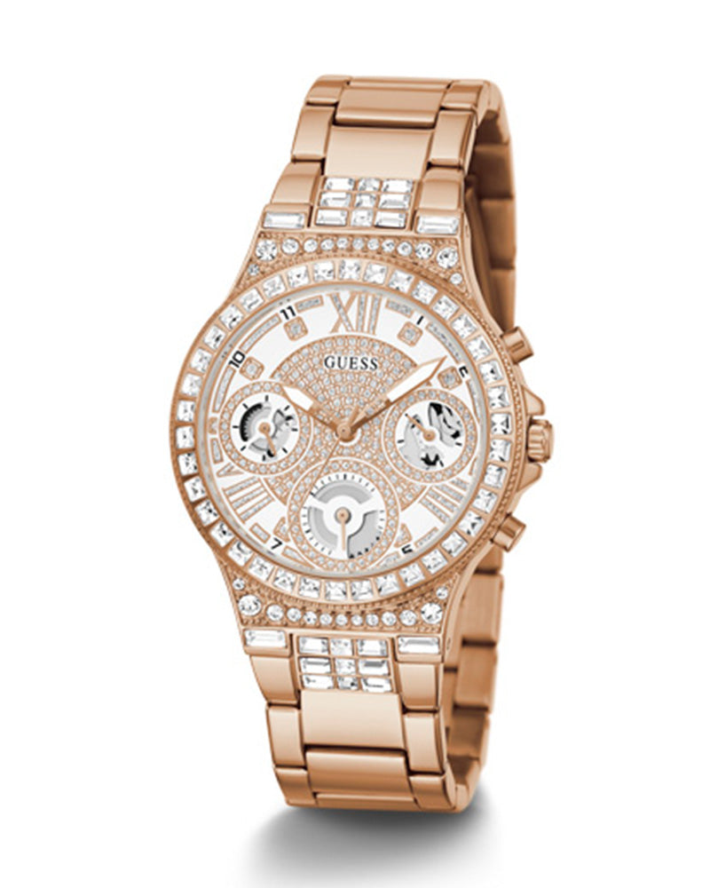 Guess Moonlight Multi Function Diamonds White Dial Rose Gold Steel Strap Watch for Women - GW0320L3 Buy Now By Guess
