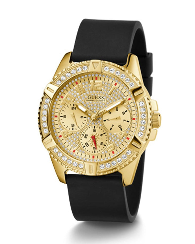 Guess Frontier Diamonds Gold Dial Black Rubber Strap Watch For Women - W1160L1 Buy Now By Guess
