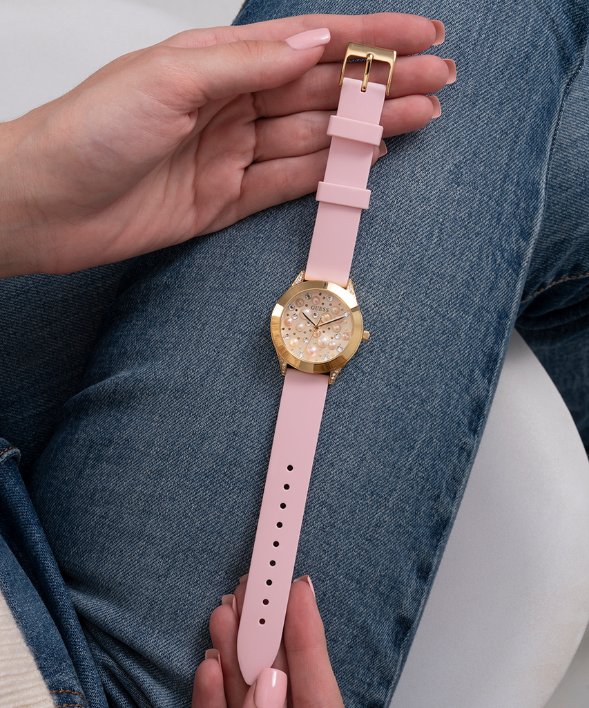 Guess Wonderlust Beige Dial Pink Leather Strap Watch for Women - W1065L1 Buy Now By Guess