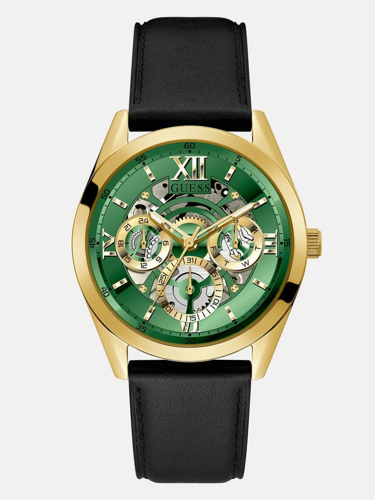 Guess Multifunction Chronograph Green Dial Black Leather Strap Watch For Men - GW0389G7 Buy Now By Guess