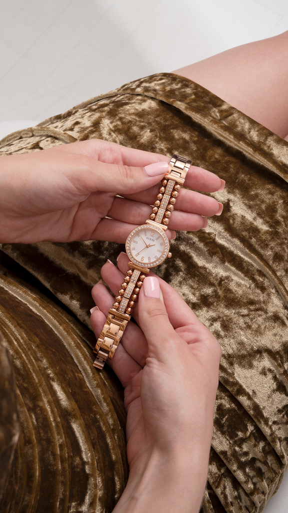 Guess Gala Diamonds Silver Dial Gold Steel Strap Watch for Women - GW0401L3 Buy Now By Guess