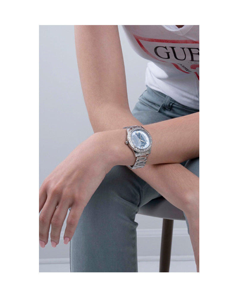 Guess Glitter Burst Diamonds Blue Dial Silver Steel Strap Watch for Women - GW0405L1 Buy Now By Guess
