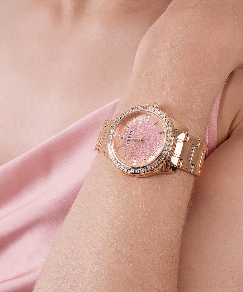 Guess Glitter Diamonds Pink Dial Rose Gold Steel Strap Watch for Women - GW0405L3 Buy Now By Guess
