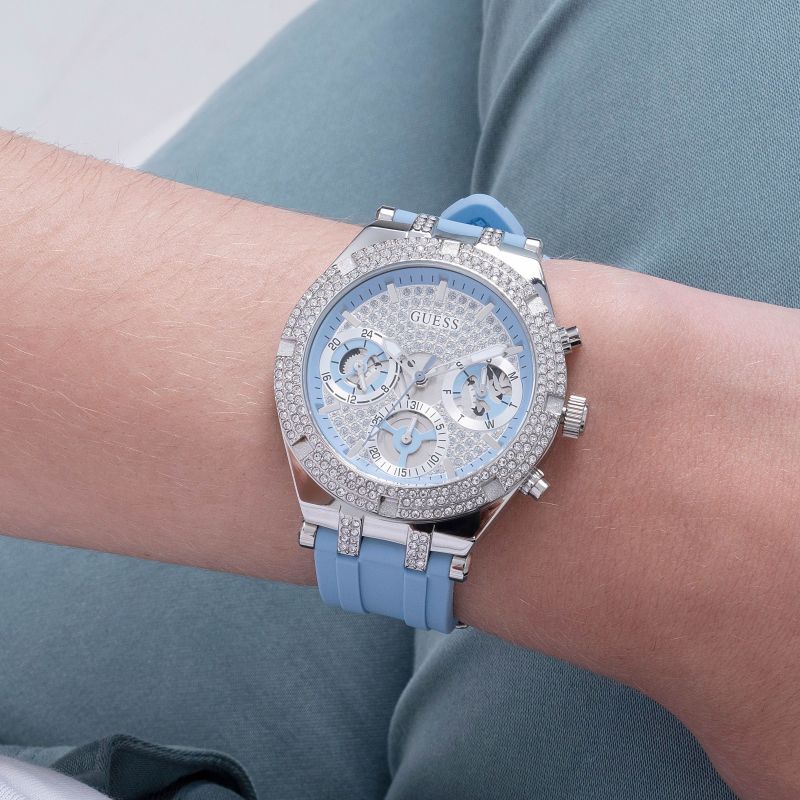 Guess Confetti Crystal Silver Dial Blue Rubber Strap Watch For Women - W1098L3 Buy Now By Guess