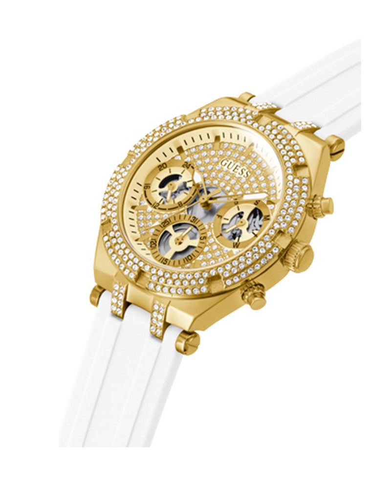 Guess Heiress Diamonds Gold Dial White Rubber Strap Watch for Women - GW0407L2 Buy Now By Guess