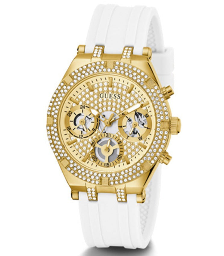 Guess Heiress Diamonds Gold Dial White Rubber Strap Watch for Women - GW0407L2 Buy Now By Guess