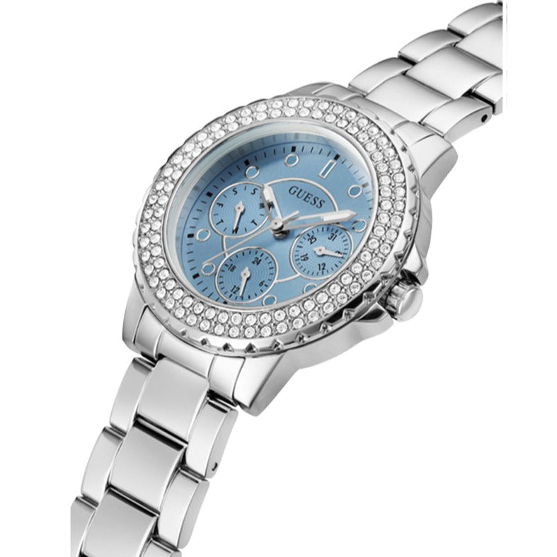 Guess Crown Jewel Diamonds Blue Dial Silver Steel Strap Watch for Women - GW0410L1 Buy Now By Guess