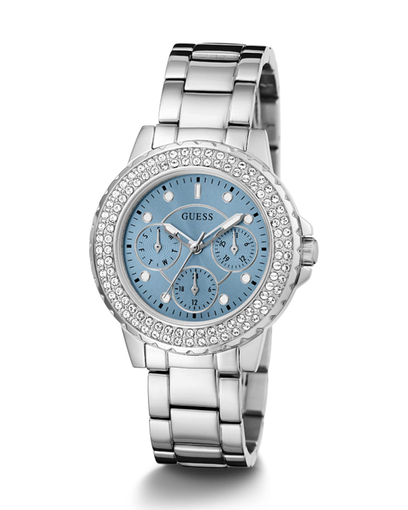 Guess Crown Jewel Diamonds Blue Dial Silver Steel Strap Watch for Women - GW0410L1 Buy Now By Guess