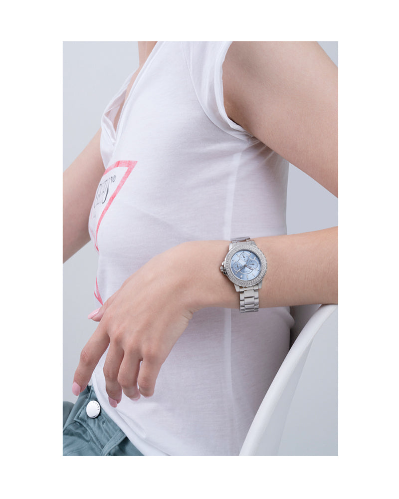 Guess Crown Jewel Diamonds Blue Dial Silver Steel Strap Watch for Women - GW0410L1 Buy Now By Guess
