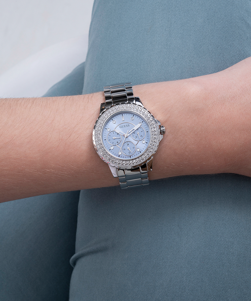 Guess Bedazzle Diamonds Silver Dial Silver Steel Strap Watch For Women - W1097L1 Buy Now By Guess