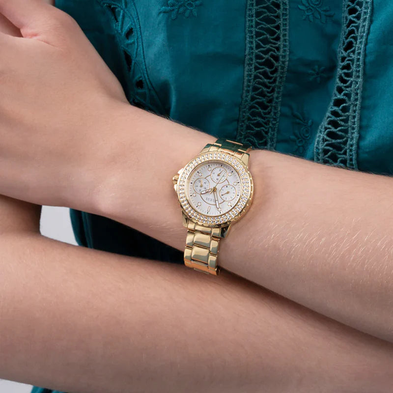 Guess Crown Jewel Diamonds White Dial Gold Steel Strap Watch for Women - GW0410L2 Buy Now By Guess