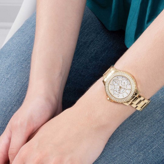 Guess Crown Jewel Diamonds White Dial Gold Steel Strap Watch for Women - GW0410L2 Buy Now By Guess