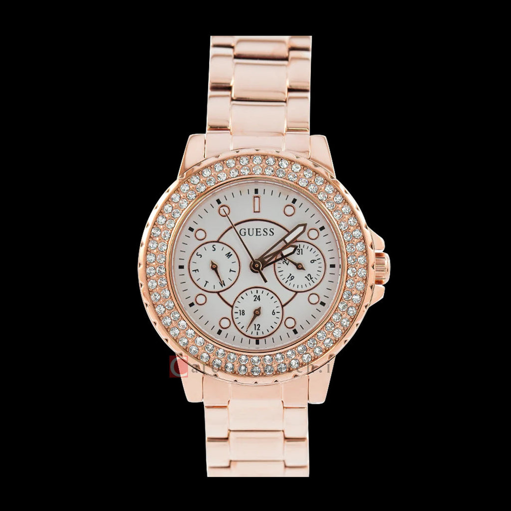 Guess Crown Jewel Multifunction Diamonds White Dial Rose Gold Steel Strap Watch For Women - GW0410L3 Buy Now By Guess