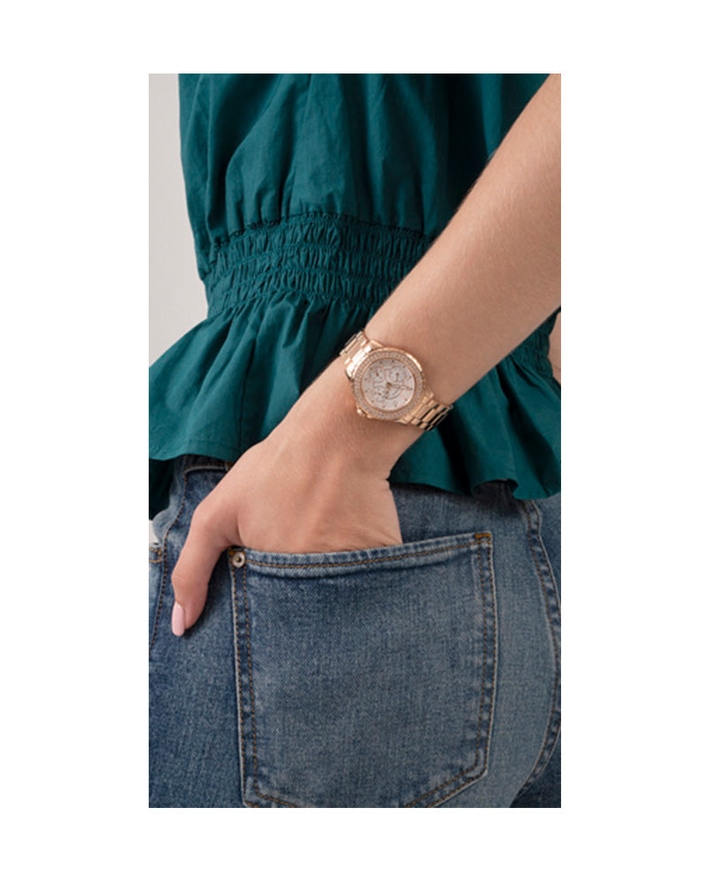 Guess Crown Jewel Multifunction Diamonds White Dial Rose Gold Steel Strap Watch For Women - GW0410L3 Buy Now By Guess