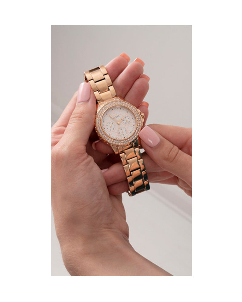 Guess Crown Jewel Multifunction Diamonds White Dial Rose Gold Steel Strap Watch For Women - GW0410L3 Buy Now By Guess