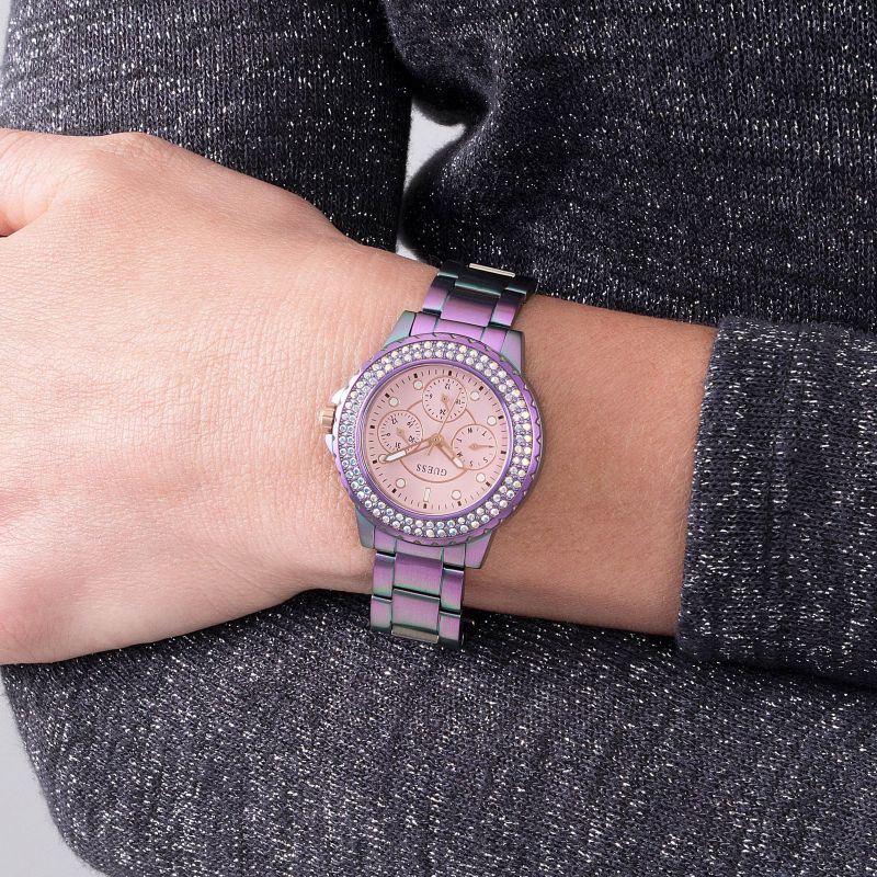 Guess Crown Jewel Diamonds Purple Dial Purple Steel Strap Watch for Women - GW0410L4 Buy Now By Guess