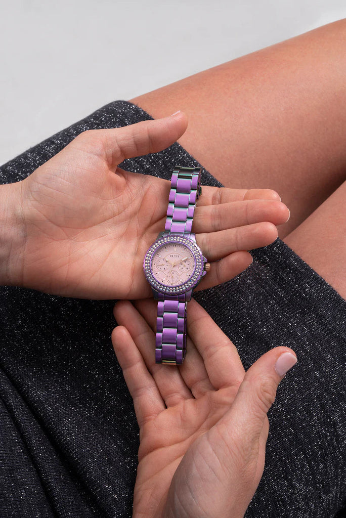 Guess Crown Jewel Diamonds Purple Dial Purple Steel Strap Watch for Women - GW0410L4 Buy Now By Guess