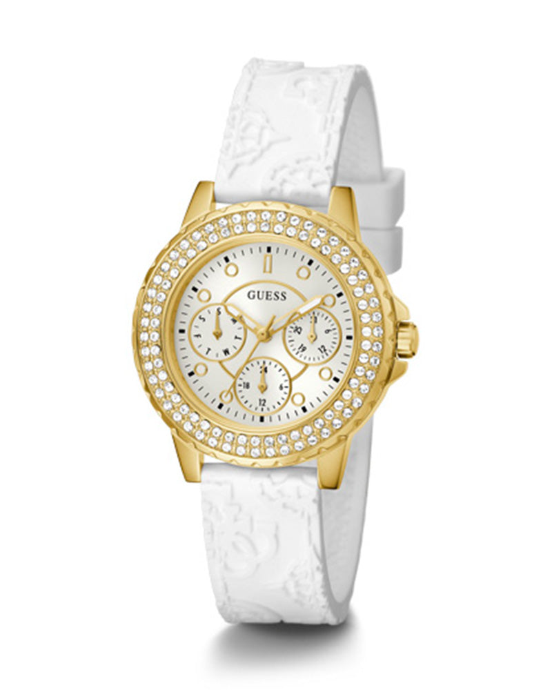 Guess Crown Jewel Multifunction Diamonds White Dial White Leather Strap Watch for Women - GW0411L1 Buy Now By Guess