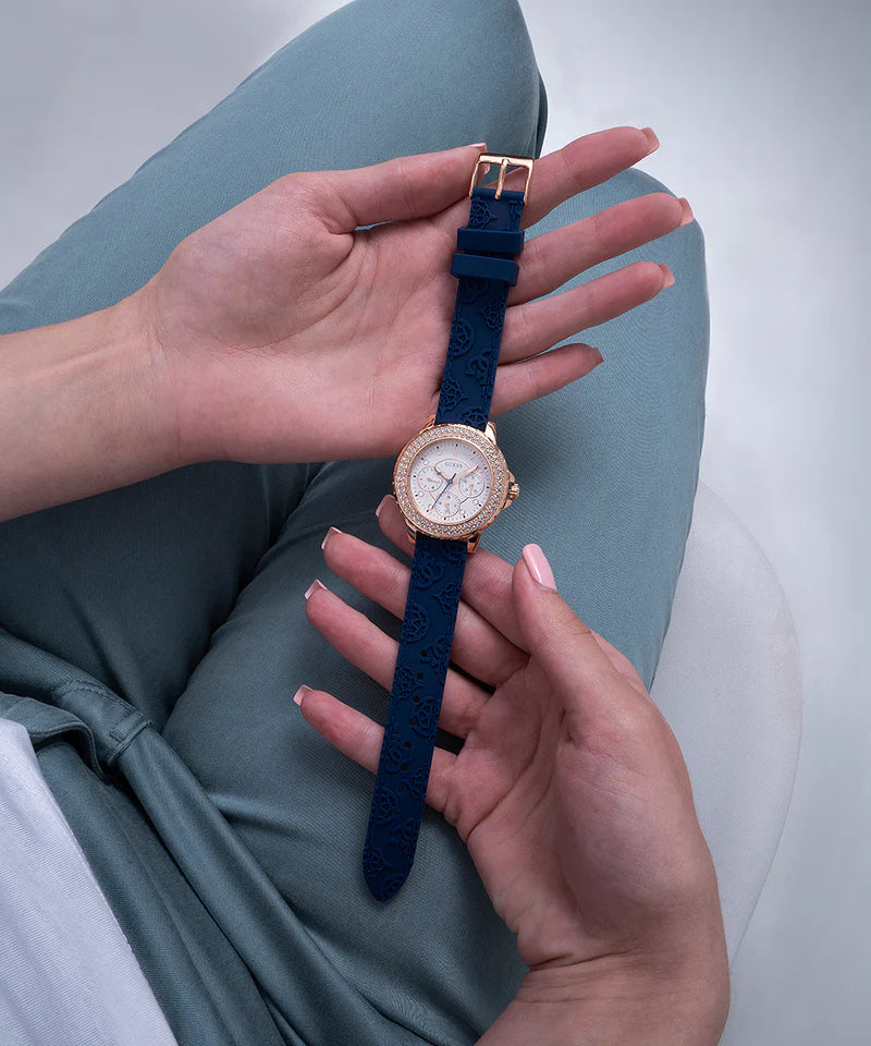 Guess Crown Jewel Diamonds White Dial Blue Rubber Strap Watch for Women - GW0411L2 Buy Now By Guess