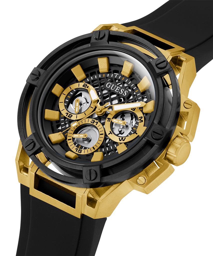 Guess Matrix Multifunction Gold Dial Black Rubber Strap Watch For Men - GW0423G2 Buy Now By Guess