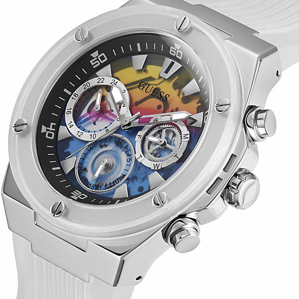 Guess Poseidon Chronograph Rainbow Dial White Silicone Strap Watch For Men - GW0425G4 Buy Now By Guess