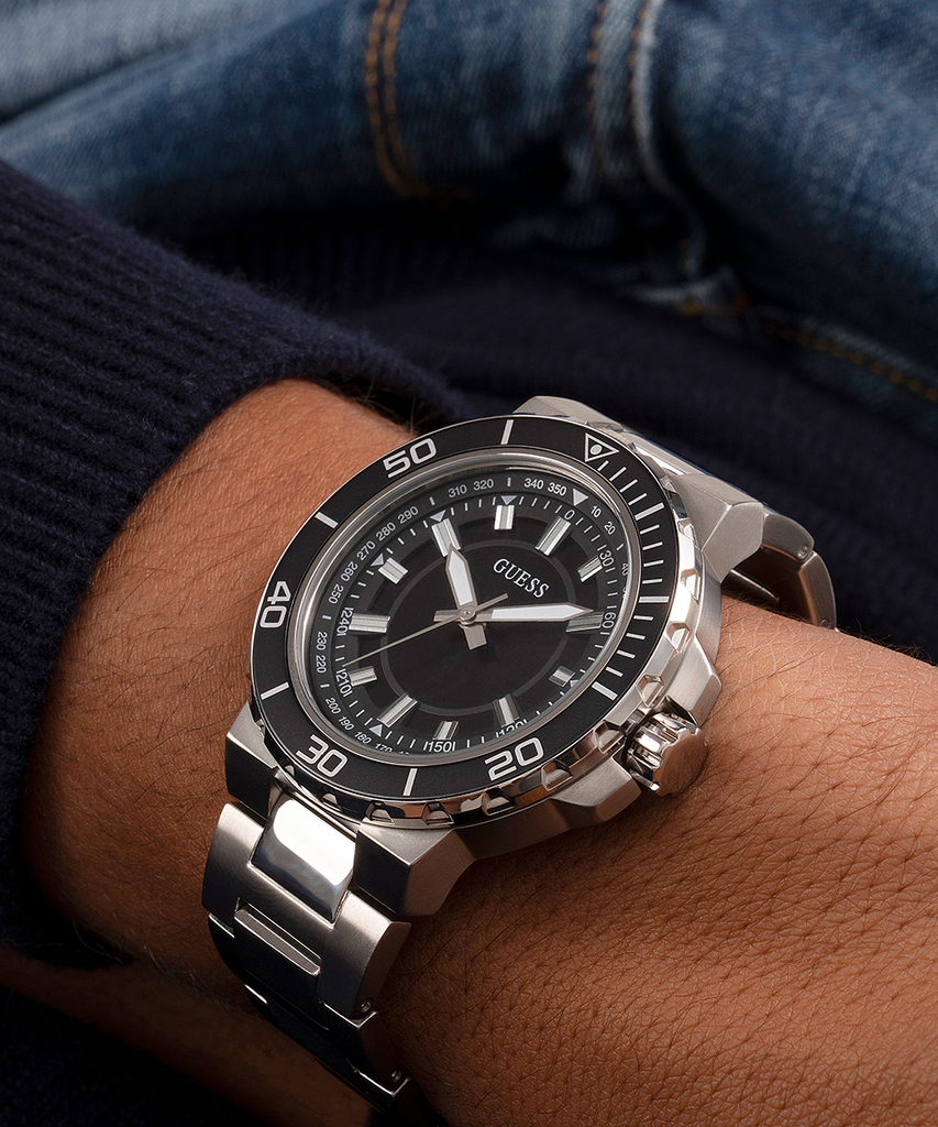 Guess Track Black Dial Silver Steel Strap Watch for Men - GW0426G1 Buy Now By Guess