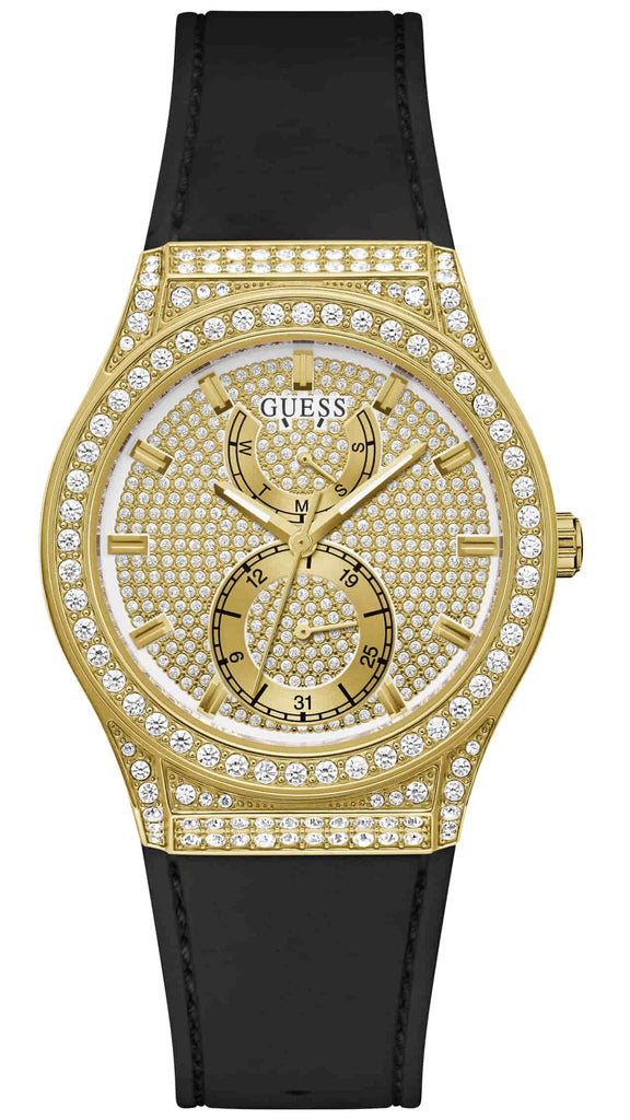 Guess Princess Crystals Gold Dial Black Silicone Strap Watch For Women - GW0439L2 Buy Now By Guess