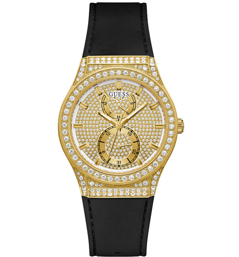 Guess Princess Crystals Gold Dial Black Silicone Strap Watch For Women - GW0439L2 Buy Now By Guess