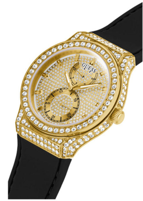Guess Princess Crystals Gold Dial Black Silicone Strap Watch For Women - GW0439L2 Buy Now By Guess