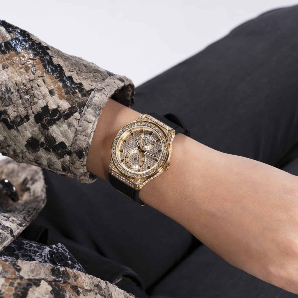 Guess Princess Crystals Gold Dial Black Silicone Strap Watch For Women - GW0439L2 Buy Now By Guess