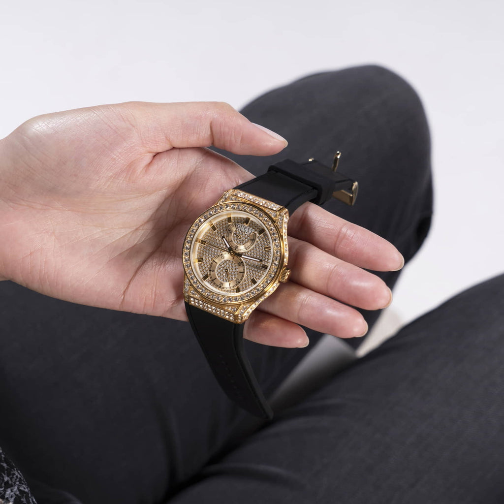 Guess Princess Crystals Gold Dial Black Silicone Strap Watch For Women - GW0439L2 Buy Now By Guess