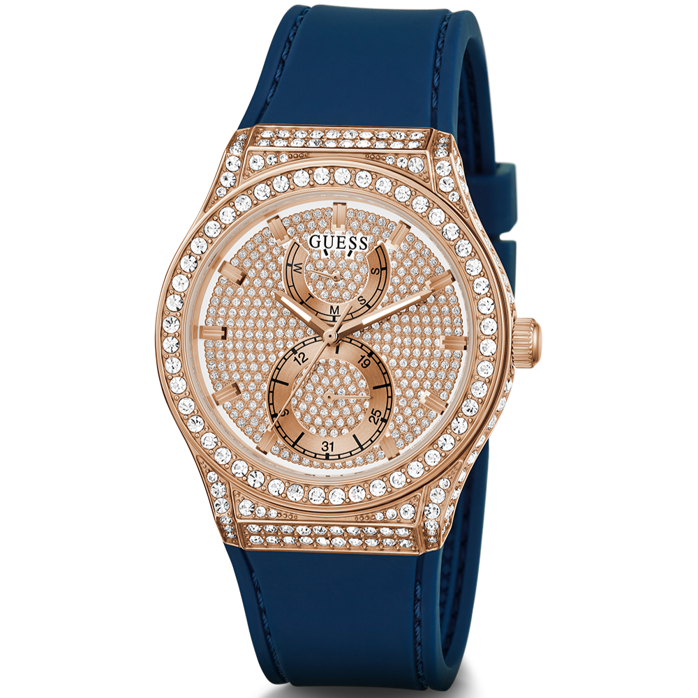 Guess Multifunction Crystals Rose Gold Dial Blue Rubber Strap Watch For Women - GW0439L4 Buy Now By Guess