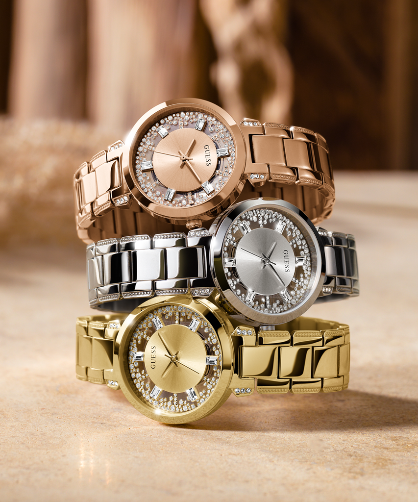 Guess Crystal Clear Analog Gold Dial Gold Steel Strap Watch for Women - GW0470L2 Buy Now By Guess