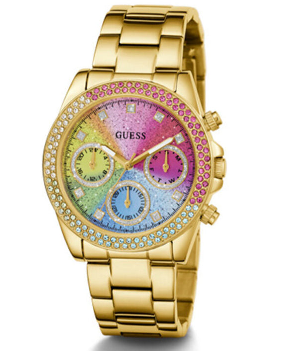 Guess Confetti Chronograph Rainbow Dial Gold Steel Strap Watch For Women - GW0483L4 Buy Now By Guess