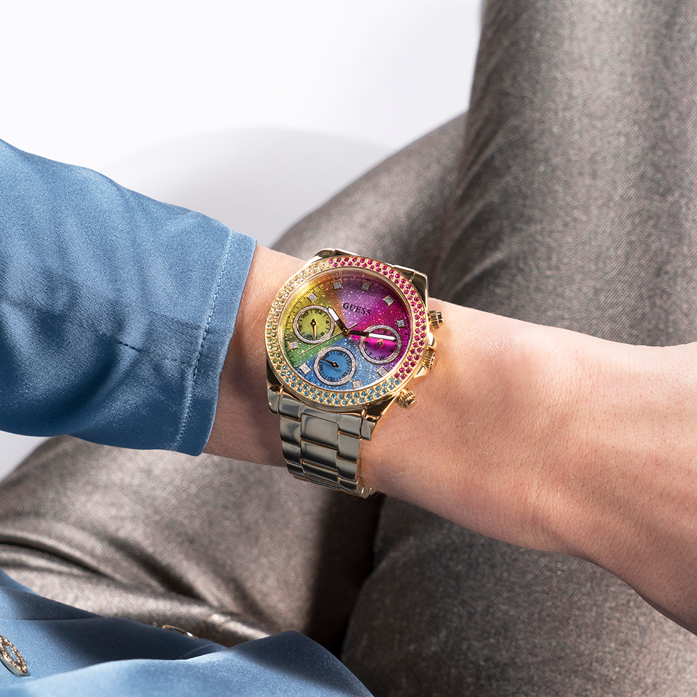 Guess Confetti Chronograph Rainbow Dial Gold Steel Strap Watch For Women - GW0483L4 Buy Now By Guess