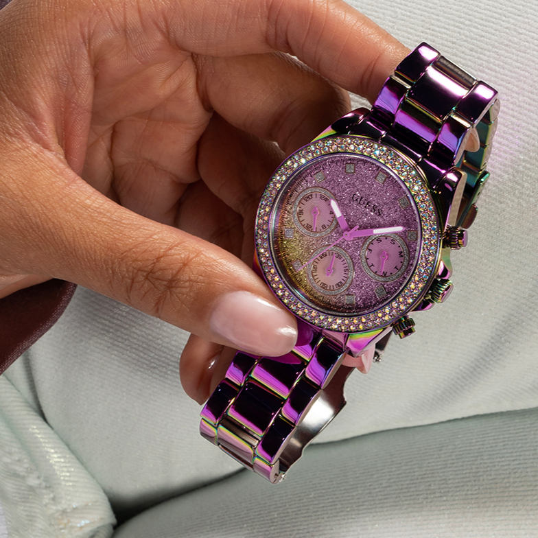 Guess Confetti Chronograph Crystals Multicolor Dial Purple Steel Strap Watch For Women - GW0483L5 Buy Now By Guess