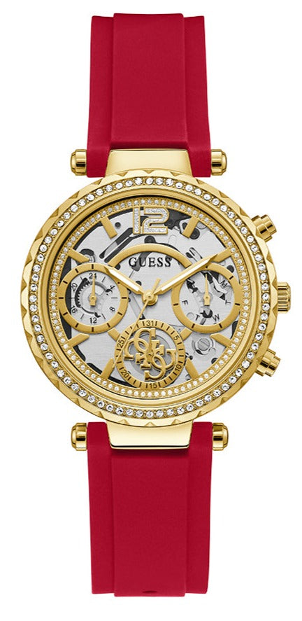 Guess Solstice Diamonds Gold Dial Red Rubber Strap Watch for Women - GW0484L1 Buy Now By Guess